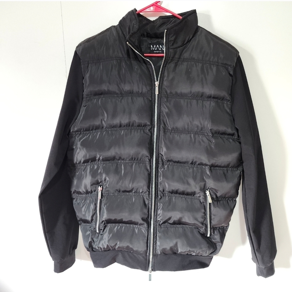 BoohooMAN Hybrid Puffer Jacket Mixed Material Quilted Body Cuba Sleeves M Tall